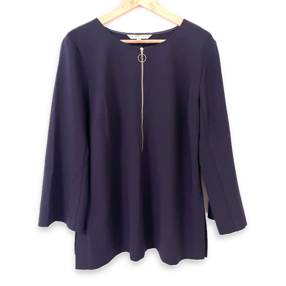 Trina Turk Versed Navy + Goldtone Half-Zip Blouse 3/4 Sleeve XL Made in USA